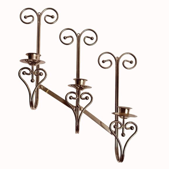 Hollywood Regency Brass Wall Sconce Triple Taper Candle Holder VTG 70s Elegant - Picture 1 of 15